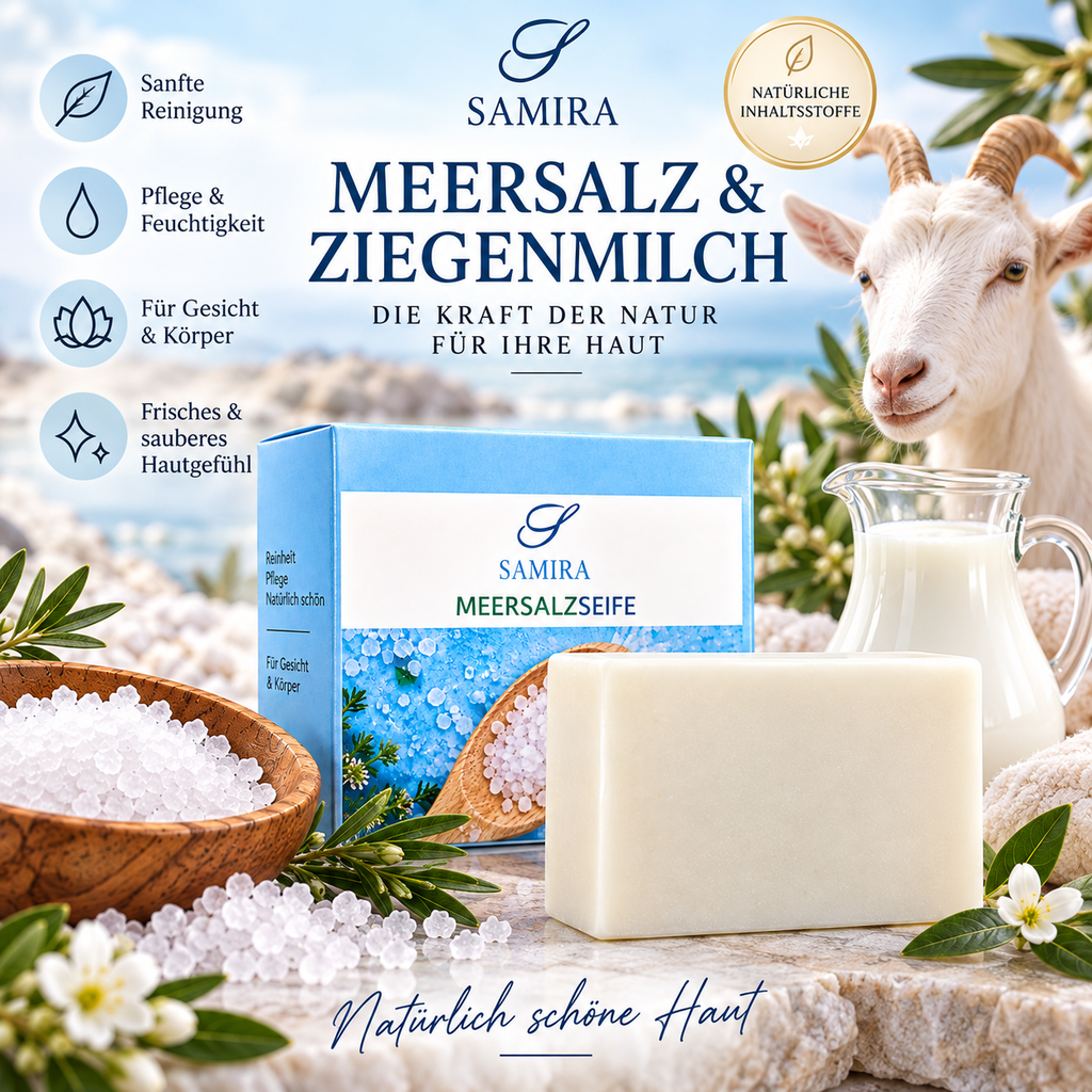 Samira Seife mit Meersalz & Ziegenmilch (100g)- Tiefenreinigende natürliche Gesicht & Körperseife