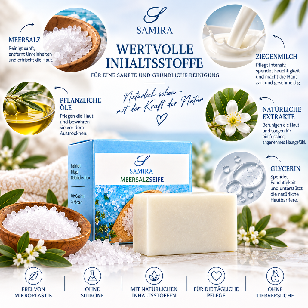 Samira Seife mit Meersalz & Ziegenmilch (100g)- Tiefenreinigende natürliche Gesicht & Körperseife